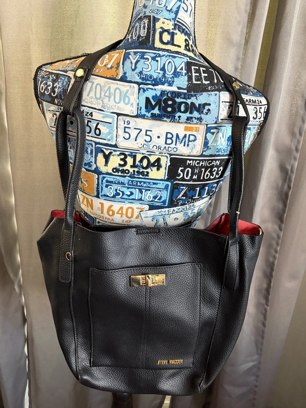 Steve Madden Black Shoulder Tote with Red Lining